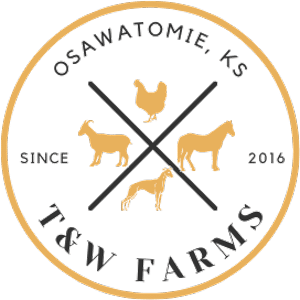 A circular logo for T&W Farms in Osawatomie, KS, featuring silhouettes of a chicken, goat, pig, and dog—perfect for a farm or pet clinic. It reads "Since 2016" and "T&W Farms" at the bottom.