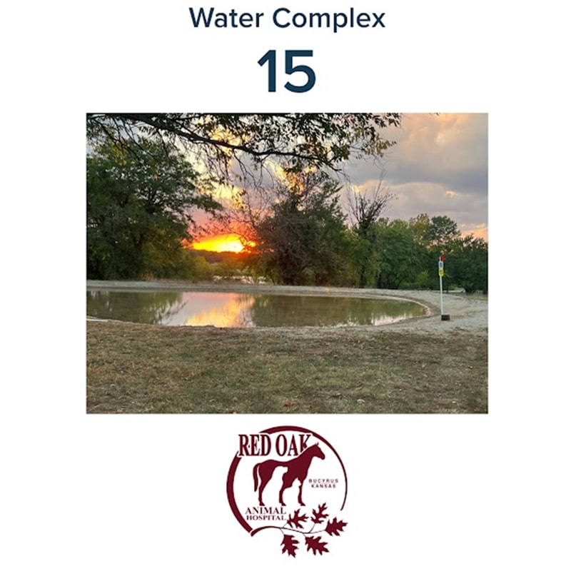 A small pond surrounded by trees at sunset, with an event marker labeled 15 nearby. The text above reads "Water Complex 15" and below is the Red Oak Animal Hospital logo with a horse, dog, and red leaves.
