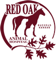 Logo for Red Oak Animal Hospital and Pet Clinic featuring a horse silhouette inside a circular border, oak leaves below, and the text "RED OAK ANIMAL HOSPITAL BUCYRUS KANSAS" on a light background.