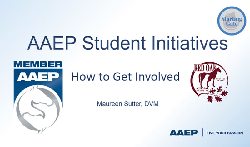 Presentation slide titled "AAEP Student Initiatives: How to Get Involved" by Maureen Sutter, DVM, featuring AAEP member and Red Oak Animal Veterinary Clinic logos, along with the Starting Gate and AAEP Live Your Passion logos.